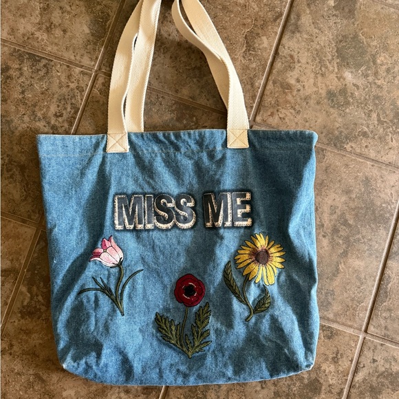 Miss Me Blue Floral Embroidered Tote Bag - Picture 1 of 4